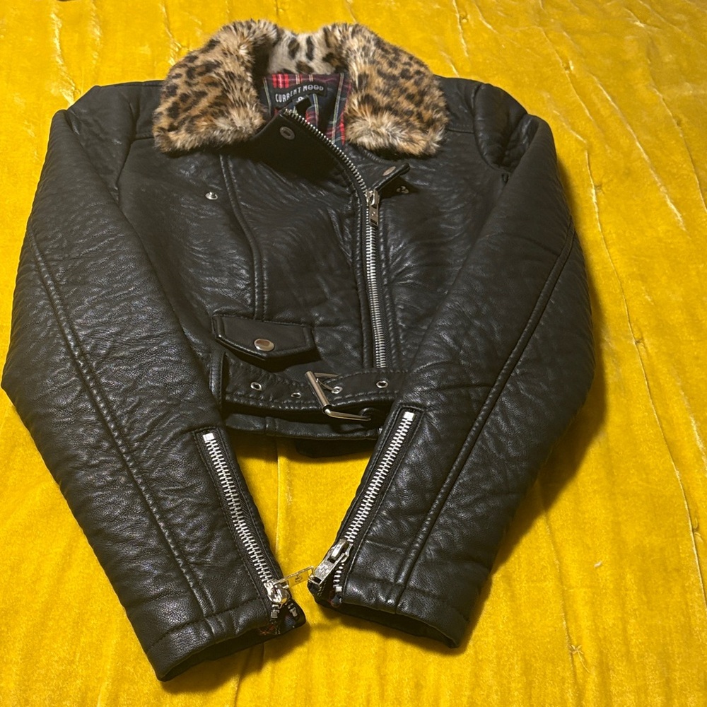 Zara Black Leather Jacket with Leopard Print Collar